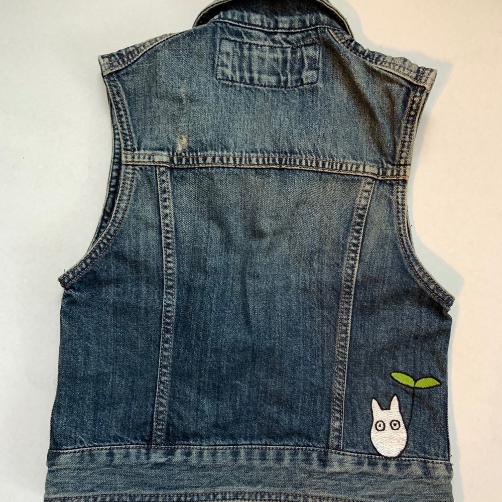 Hand Embroidered Chibi Totoro Denim Vest
